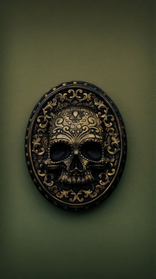 Day Of The Dead Skull Wall Hanger (Satin Black + Antique Gold)