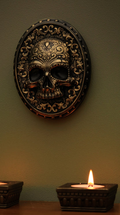 Day Of The Dead Skull Wall Hanger (Satin Black + Antique Gold)