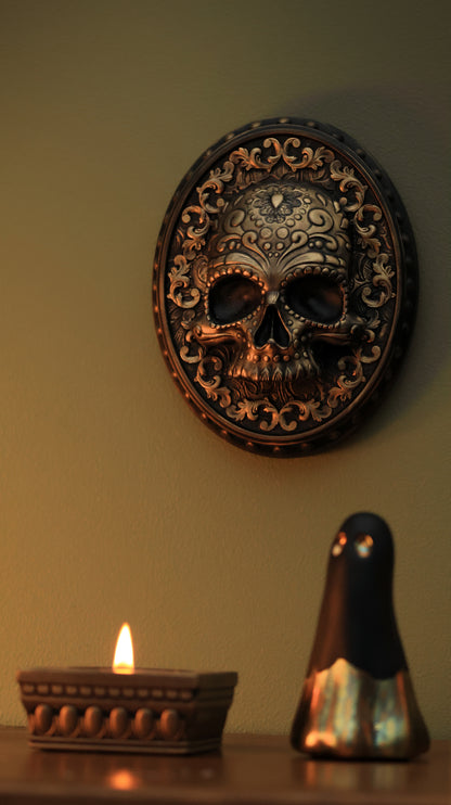 Day Of The Dead Skull Wall Hanger (Satin Black + Antique Gold)