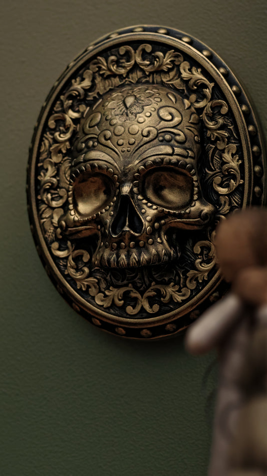 Day Of The Dead Skull Wall Hanger (Satin Black + Antique Gold )