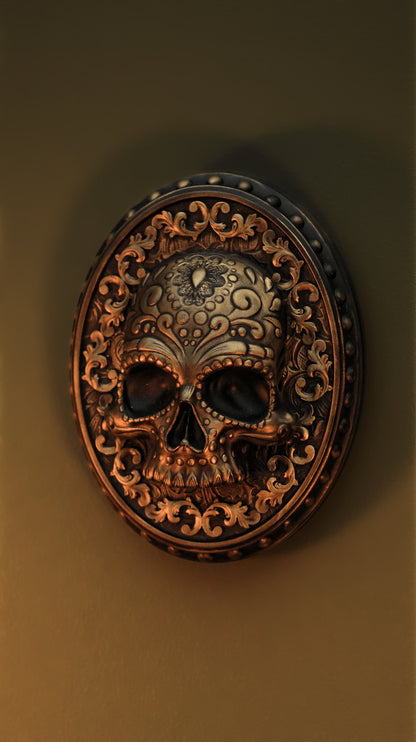 Day Of The Dead Skull Wall Hanger (Satin Black + Antique Gold )